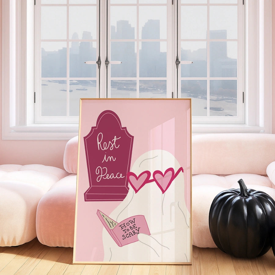 Resting in Peace Print – Pink Ghost & Tombstone Halloween Wall Art