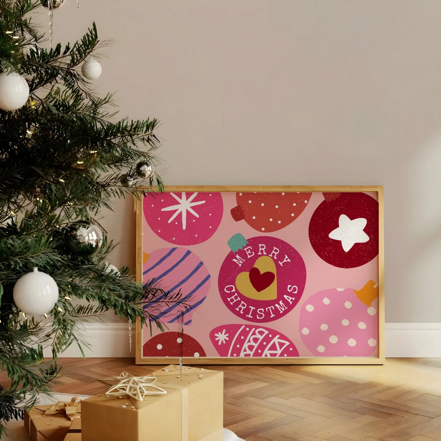 Fröhliche Weihnachten! Kunstdruck mit Ornamentmotiv – Bunte rosa Wanddekoration für die Feiertage