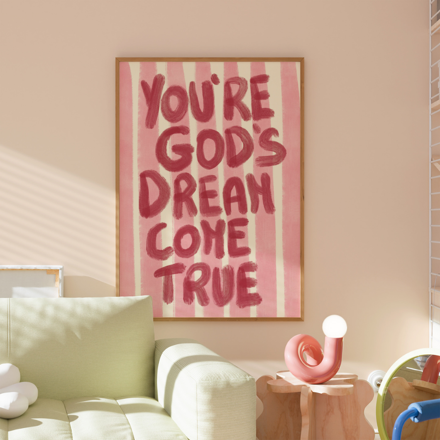You’re God’s Dream Christian Wall Art – Pink Hand-Painted Bible Quote Print