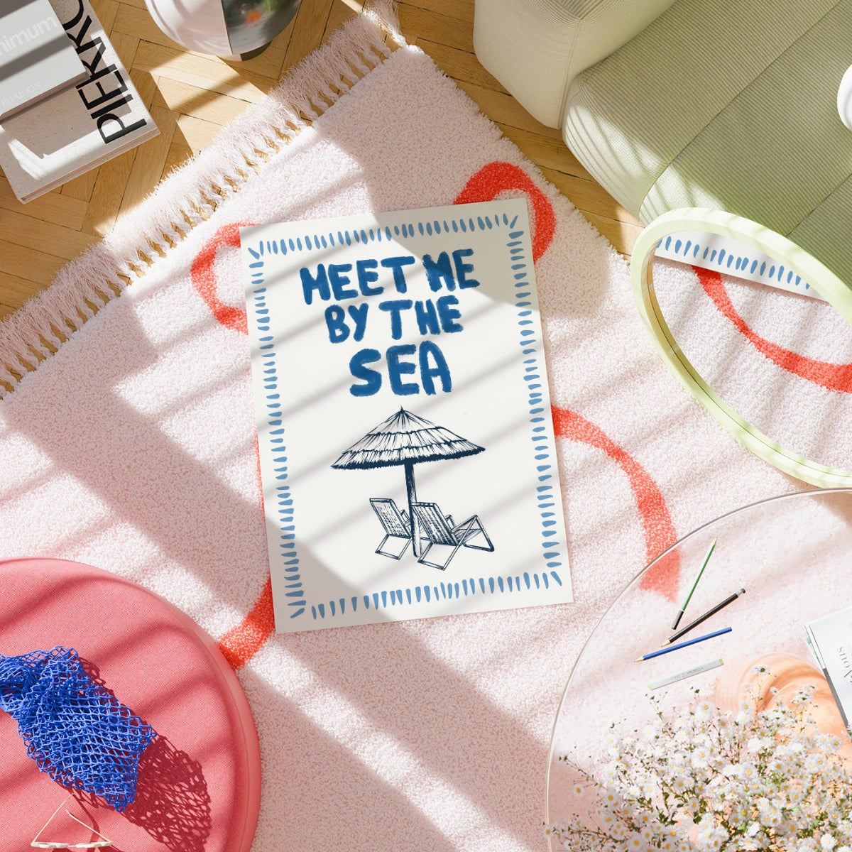 Meet Me by the Sea Print - Beach Umbrella Wall Art