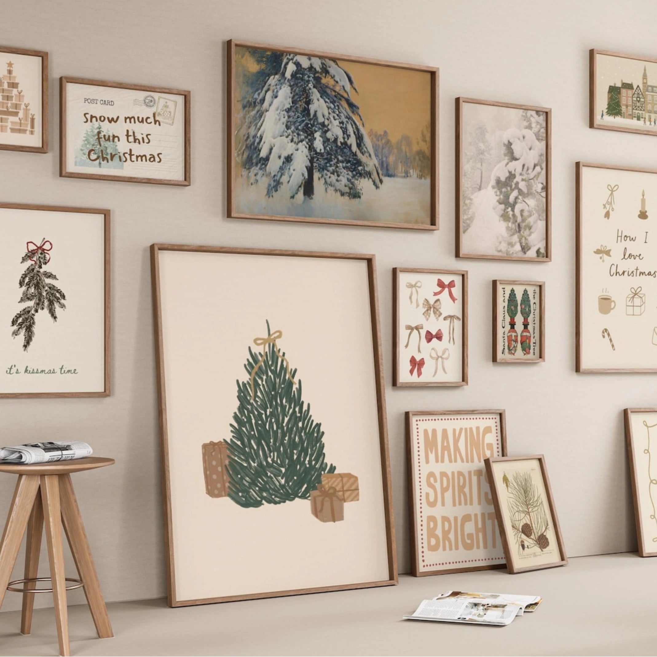 Hand-Drawn Neutral Holiday Set of 16 Prints