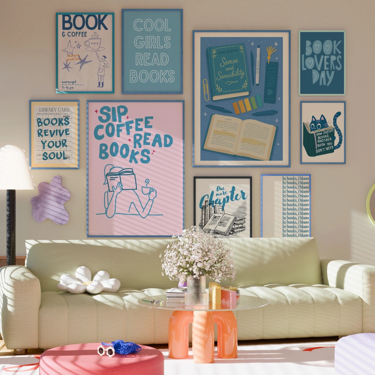 Handmade Blue Bookish Decor, over 100 prints