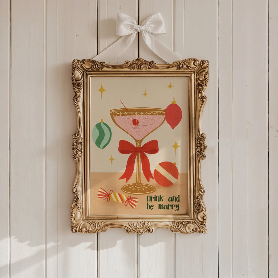 Drink and Be Merry Wall Art – Retro Christmas Cocktail Print