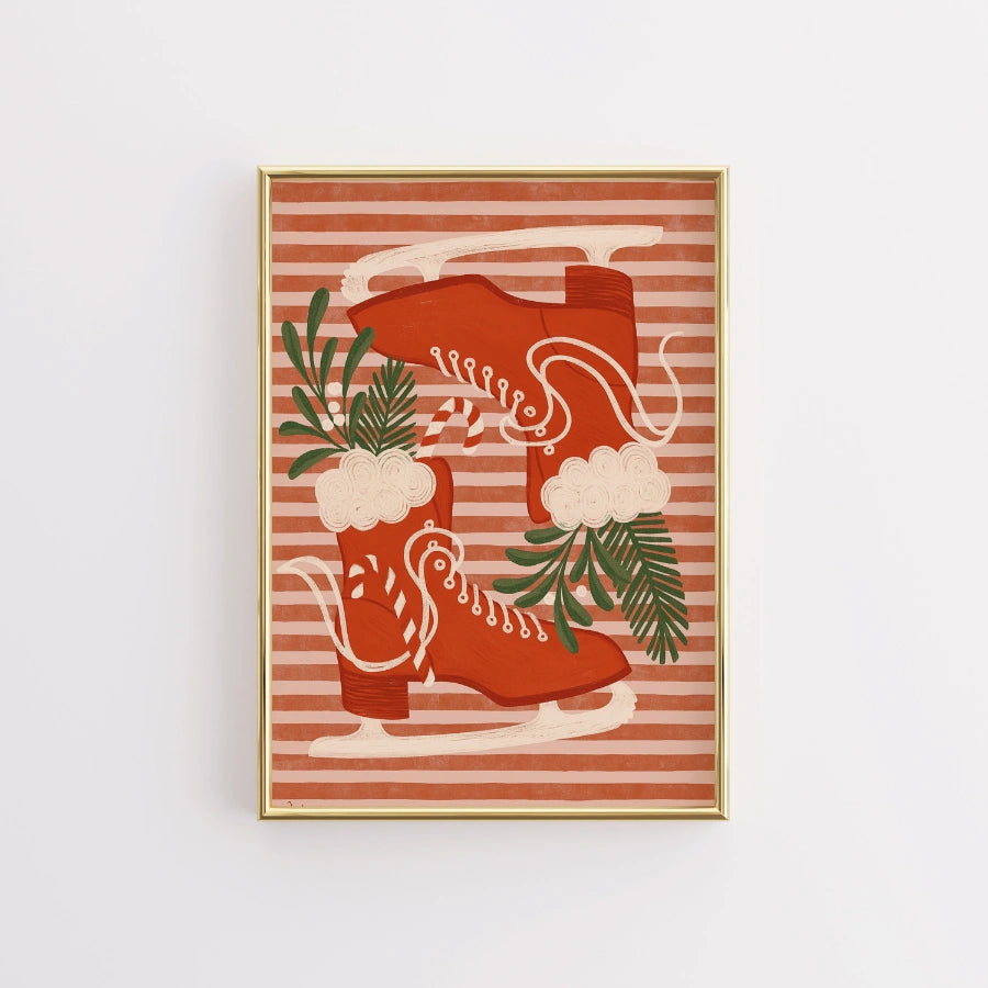 Vintage Ice Skates Wall Art – Red Christmas Skating Print
