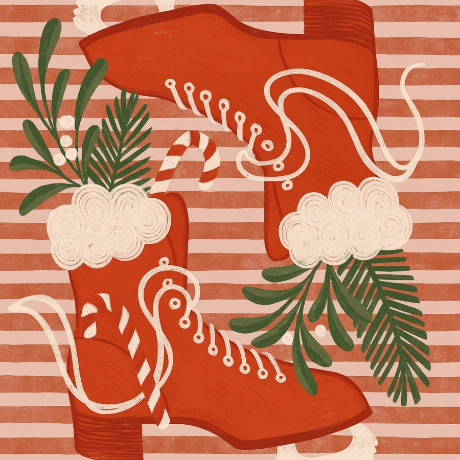 Vintage Ice Skates Wall Art – Red Christmas Skating Print