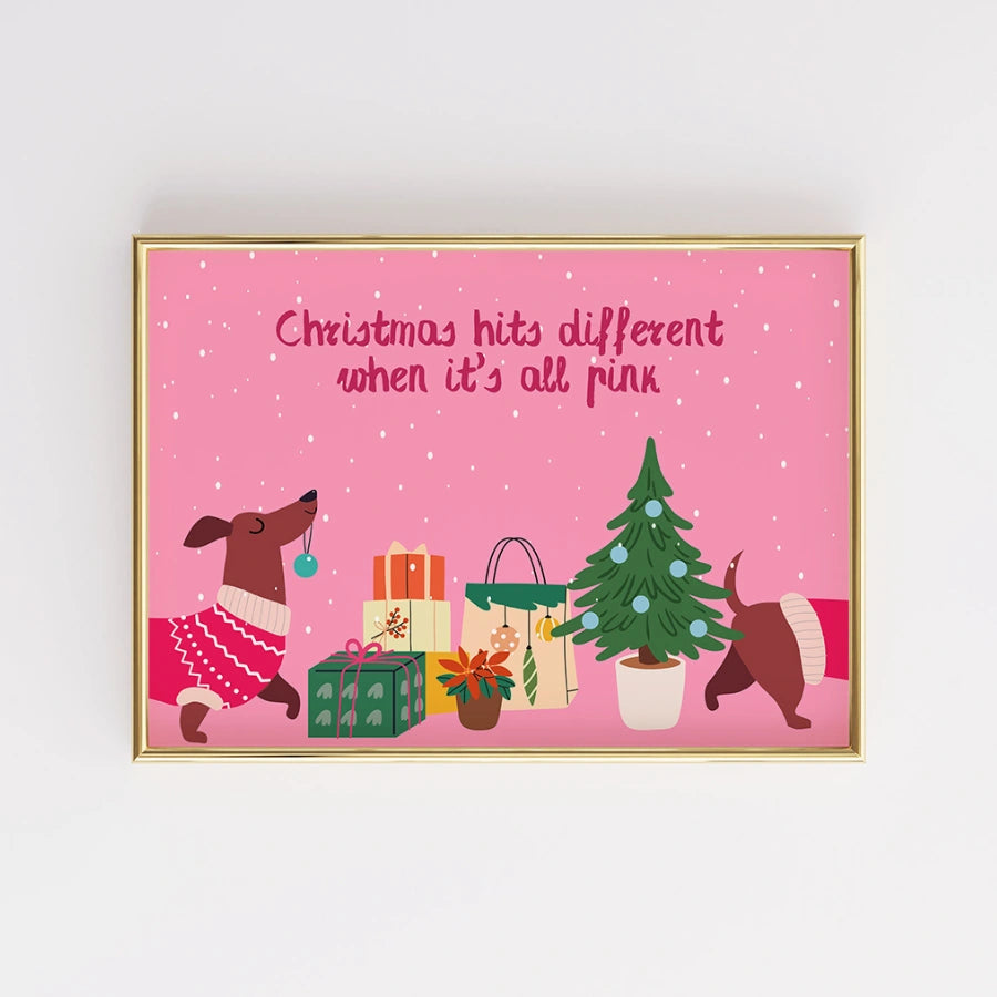 Pink Christmas Dog Wall Art - Whimsical Pet Christmas Decor