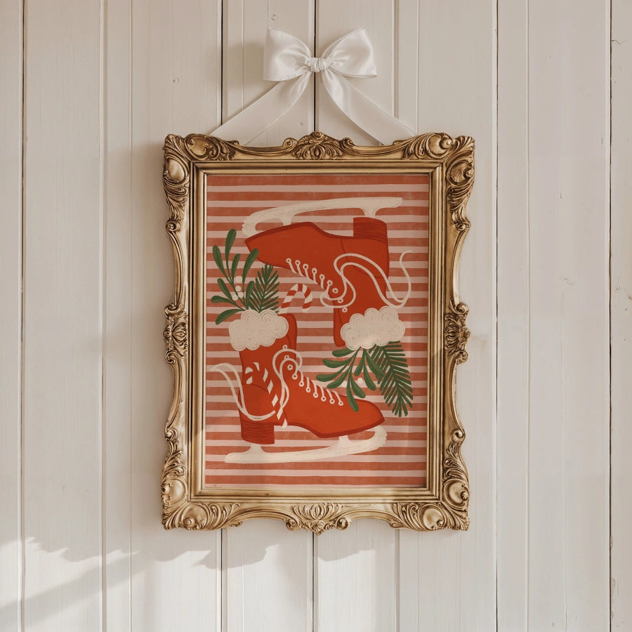 Vintage Ice Skates Wall Art – Red Christmas Skating Print