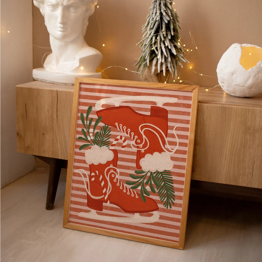 Vintage Ice Skates Wall Art – Red Christmas Skating Print