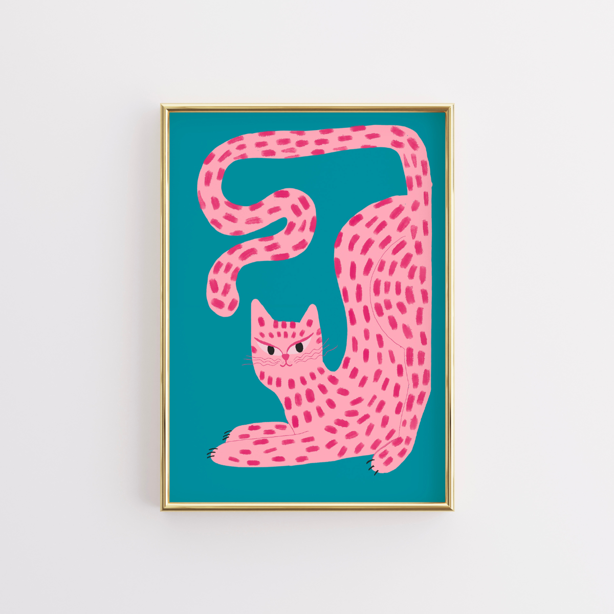 Curvy Pink Cat Wall Art – Maximalist Animal Print