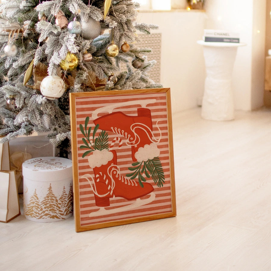 Vintage Ice Skates Wall Art – Red Christmas Skating Print