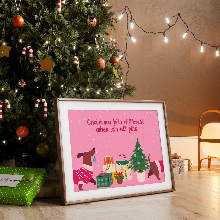 Pink Christmas Dog Wall Art - Whimsical Pet Christmas Decor