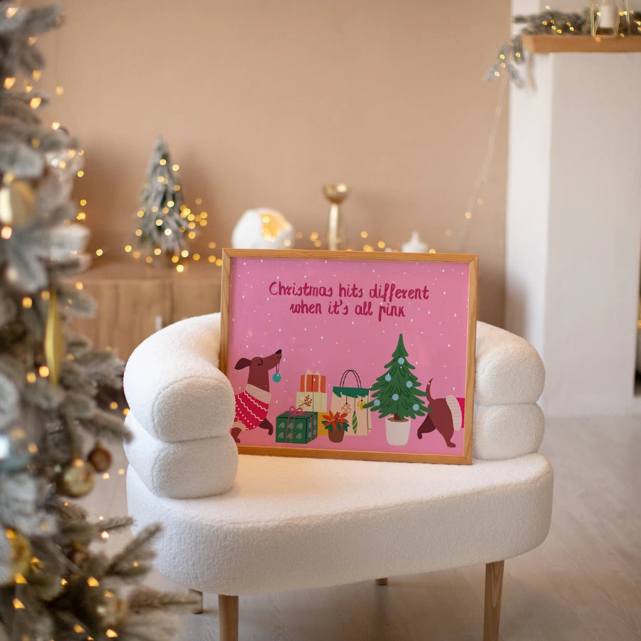 Pink Christmas Dog Wall Art - Whimsical Pet Christmas Decor