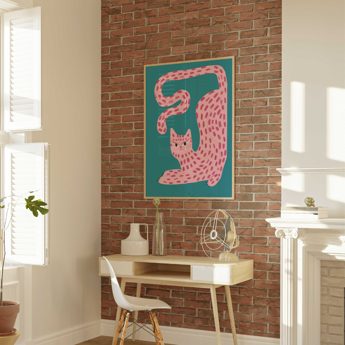 Curvy Pink Cat Wall Art – Maximalist Animal Print