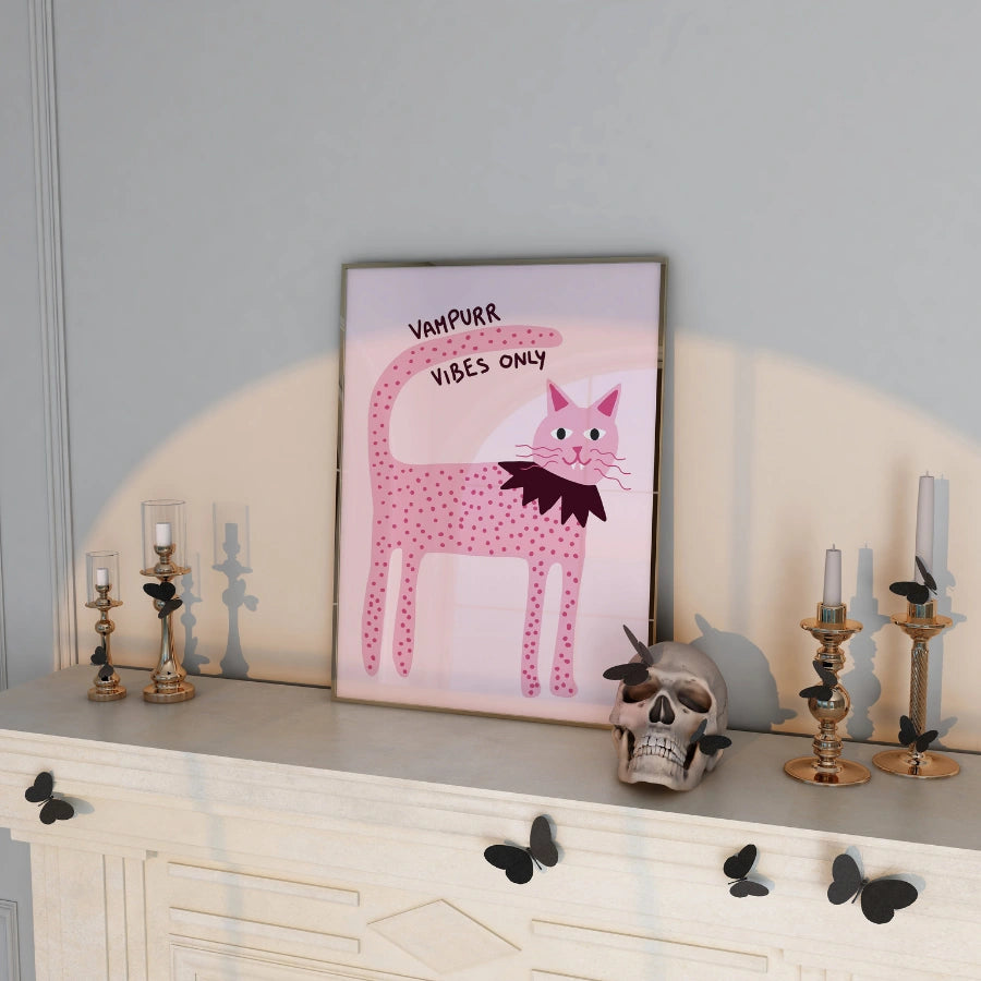 Vampire Cat Wall Art – Pink Halloween Print