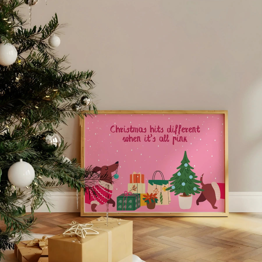 Pink Christmas Dog Wall Art - Whimsical Pet Christmas Decor