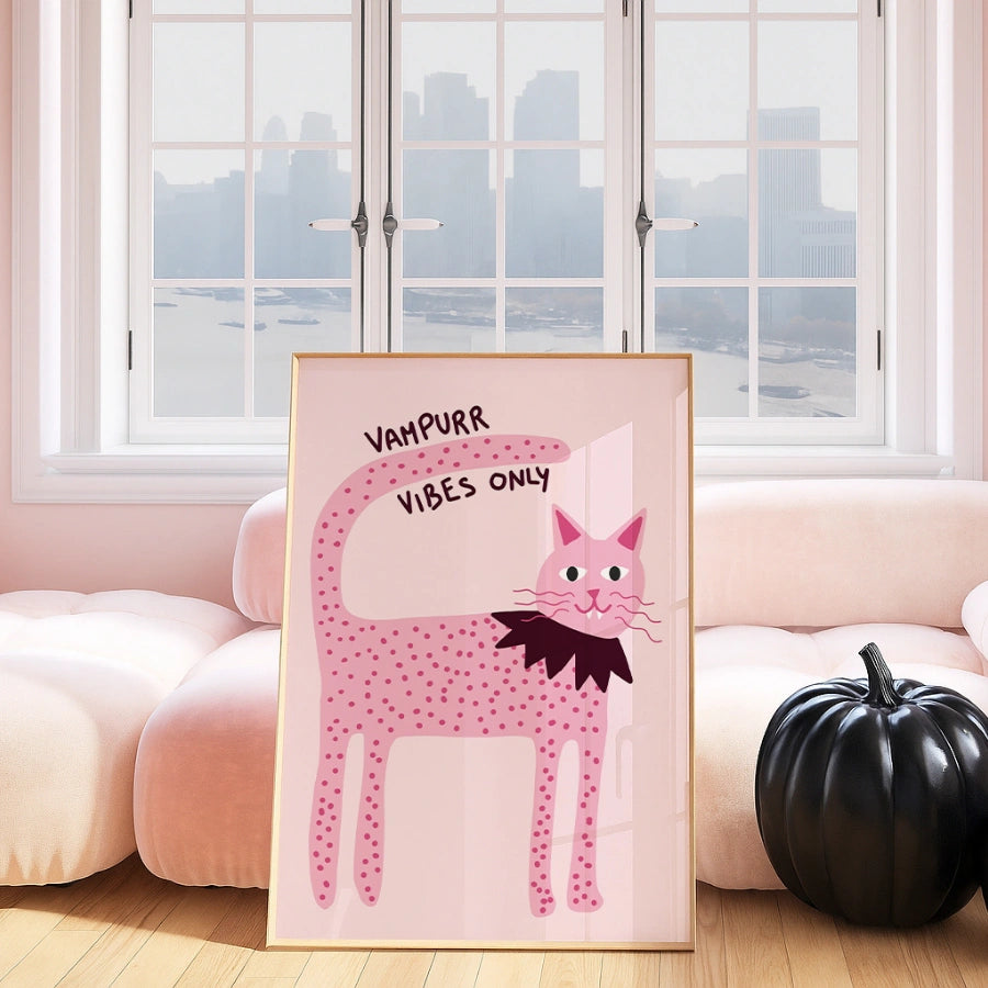 Vampire Cat Wall Art – Pink Halloween Print