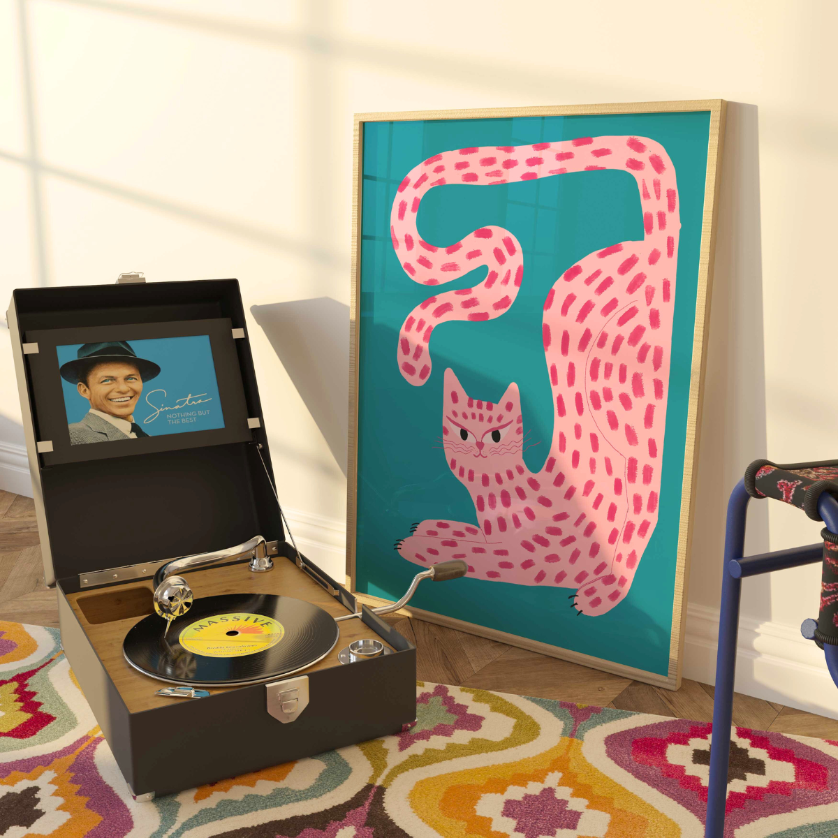 Curvy Pink Cat Wall Art – Maximalist Animal Print