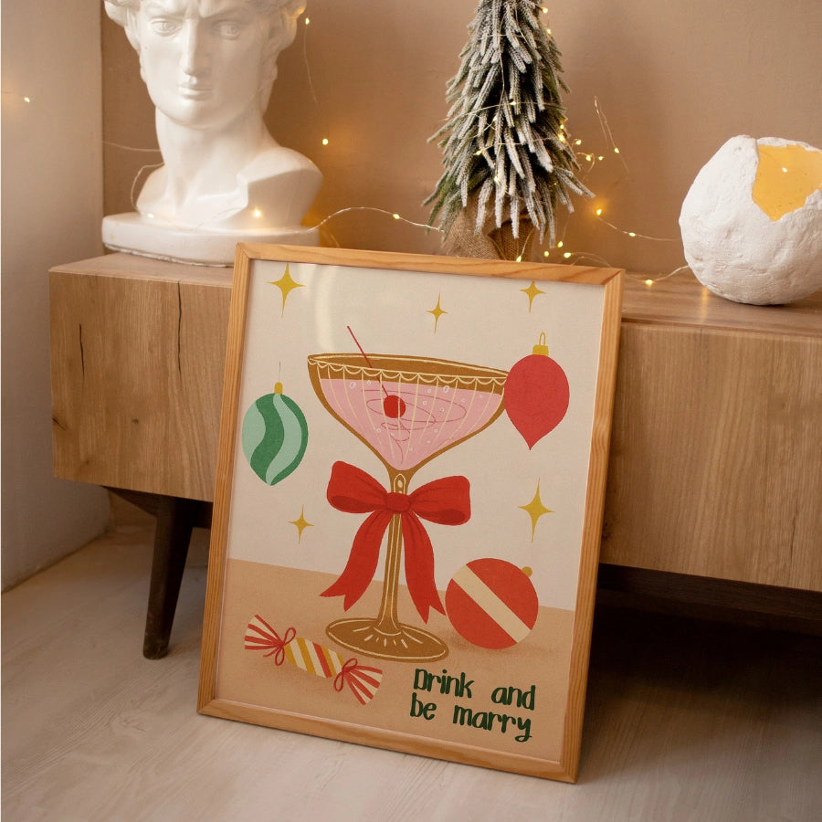 Drink and Be Merry Wall Art – Retro Christmas Cocktail Print