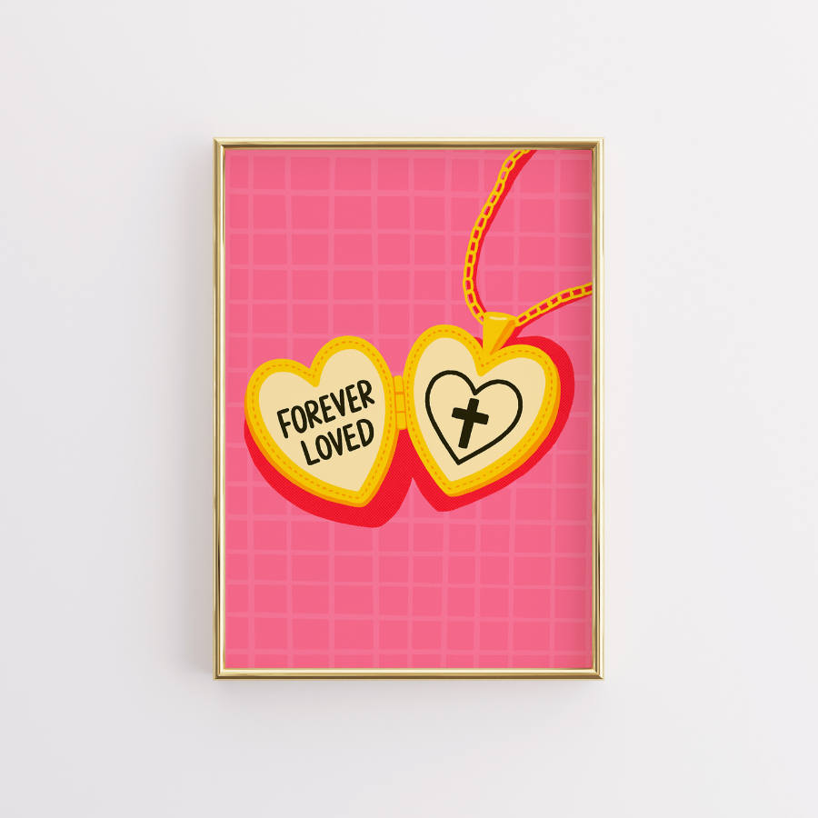 Forever Loved Christian Wall Art – Pink Heart Cross Necklace Print