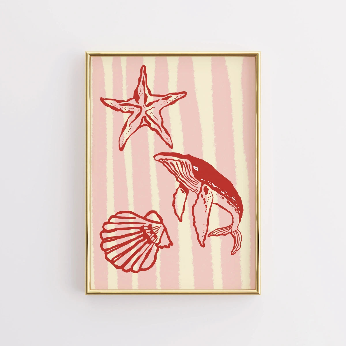 Ocean Creatures Wall Art Print - Coastal Whale Shell Starfish Print