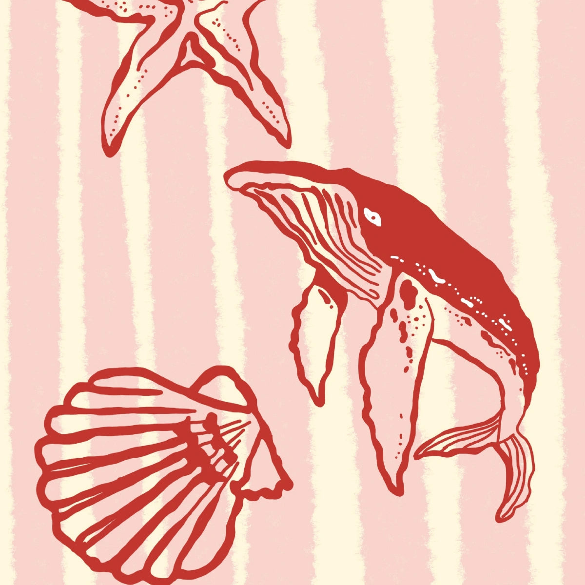 Ocean Creatures Wall Art Print - Coastal Whale Shell Starfish Print