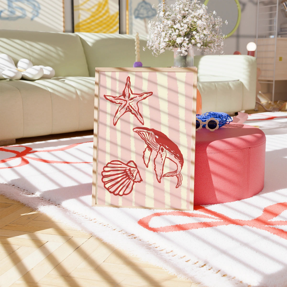 Ocean Creatures Wall Art Print - Coastal Whale Shell Starfish Print