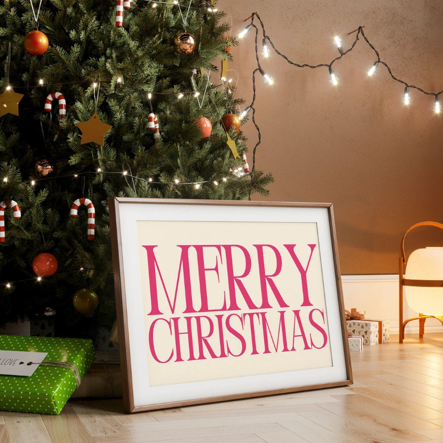 Pink Merry Christmas Wall Art - Elegant Holiday Typography Print