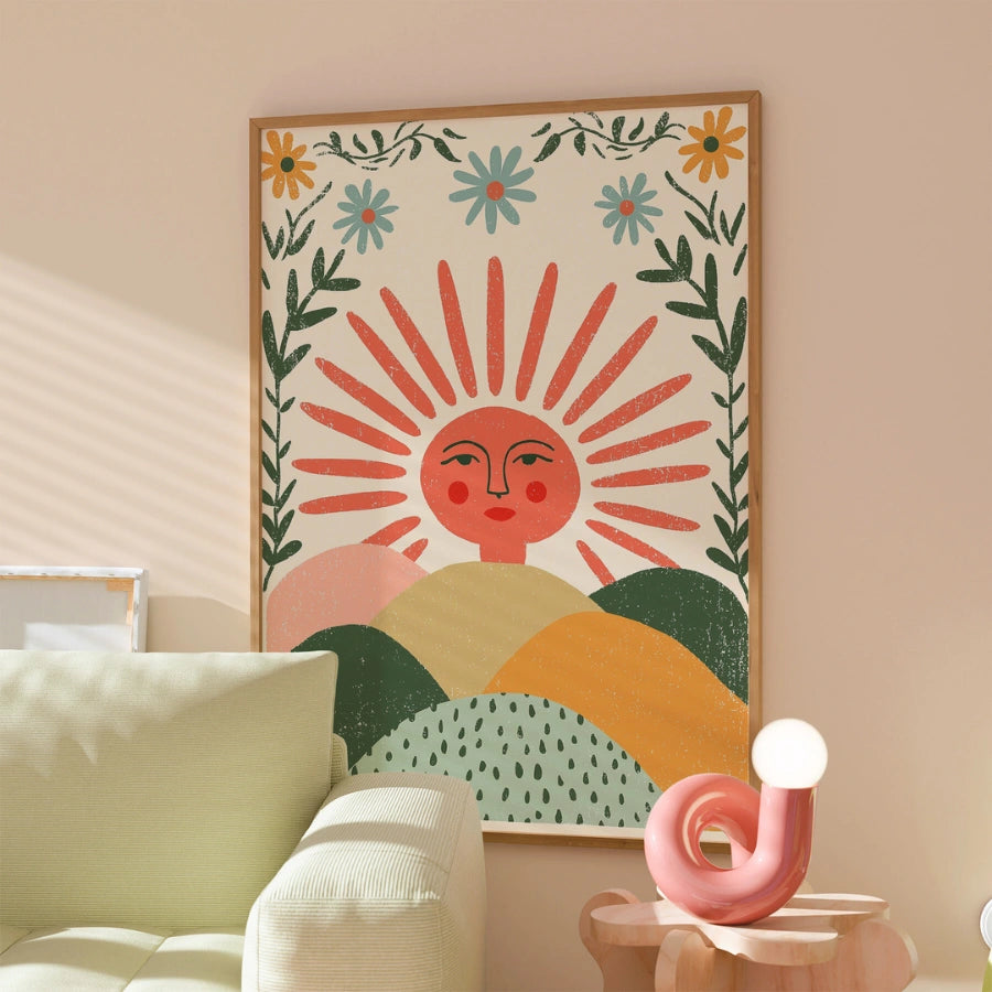 Stampa murale con volto all'alba - Stampa con sole stravagante 