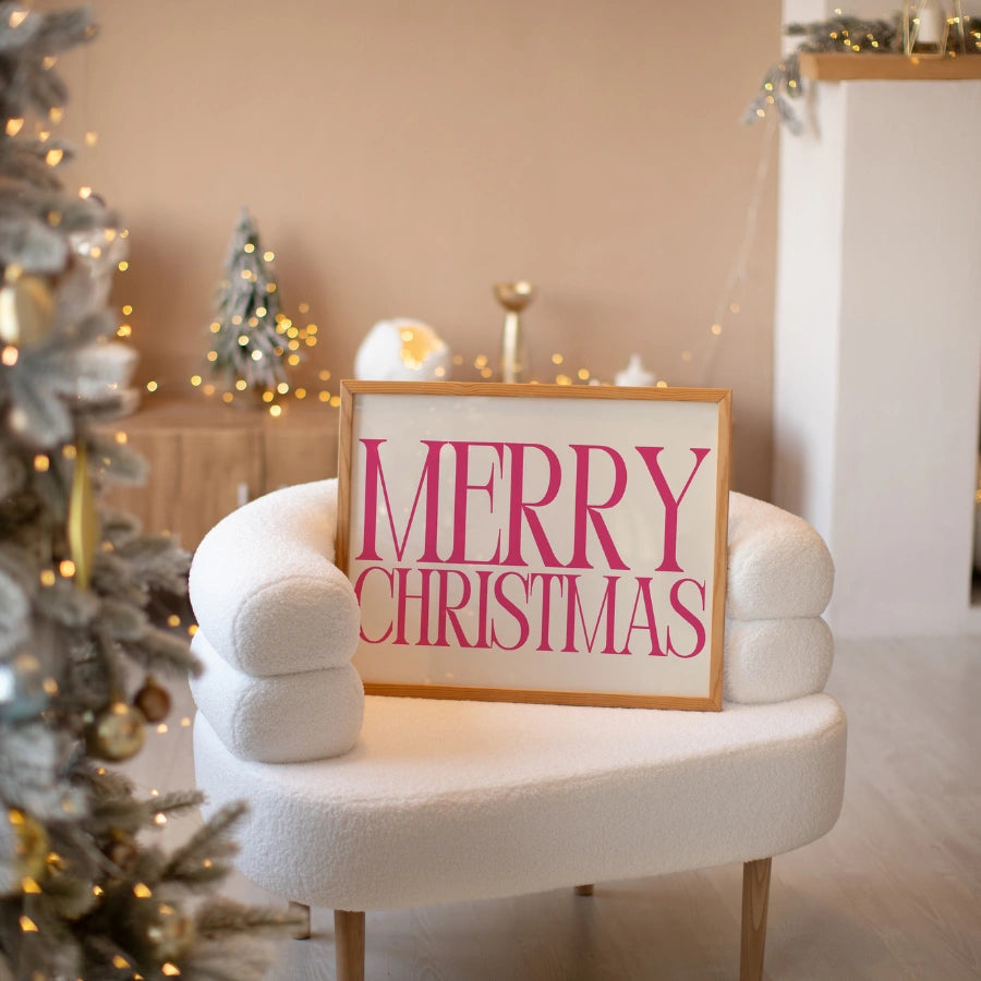 Pink Merry Christmas Wall Art - Elegant Holiday Typography Print