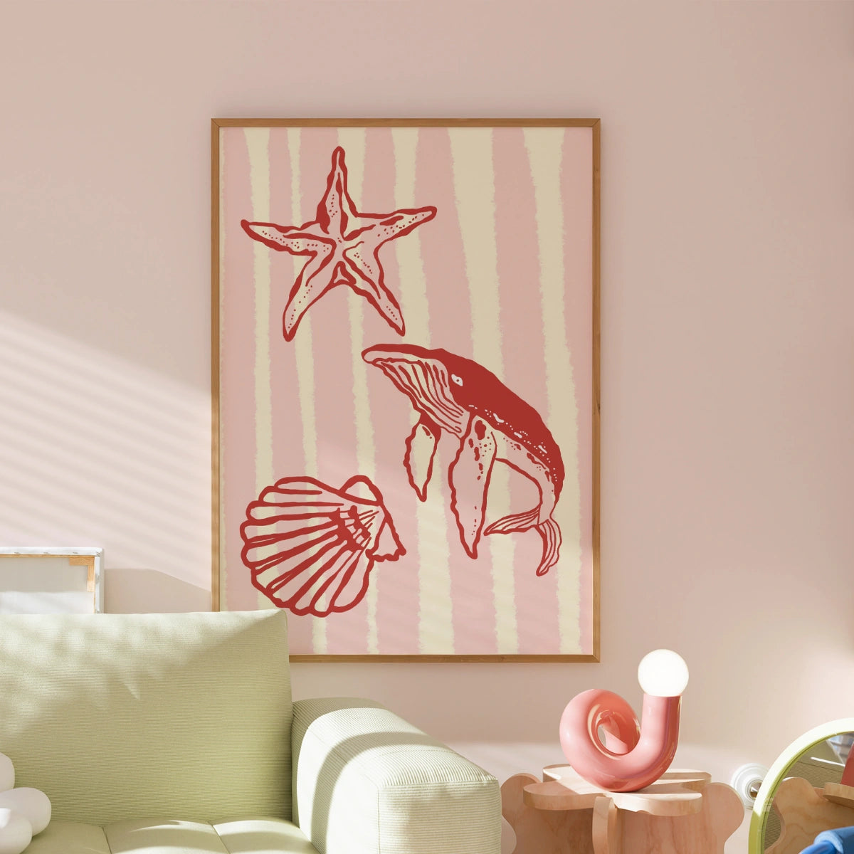 Ocean Creatures Wall Art Print - Coastal Whale Shell Starfish Print
