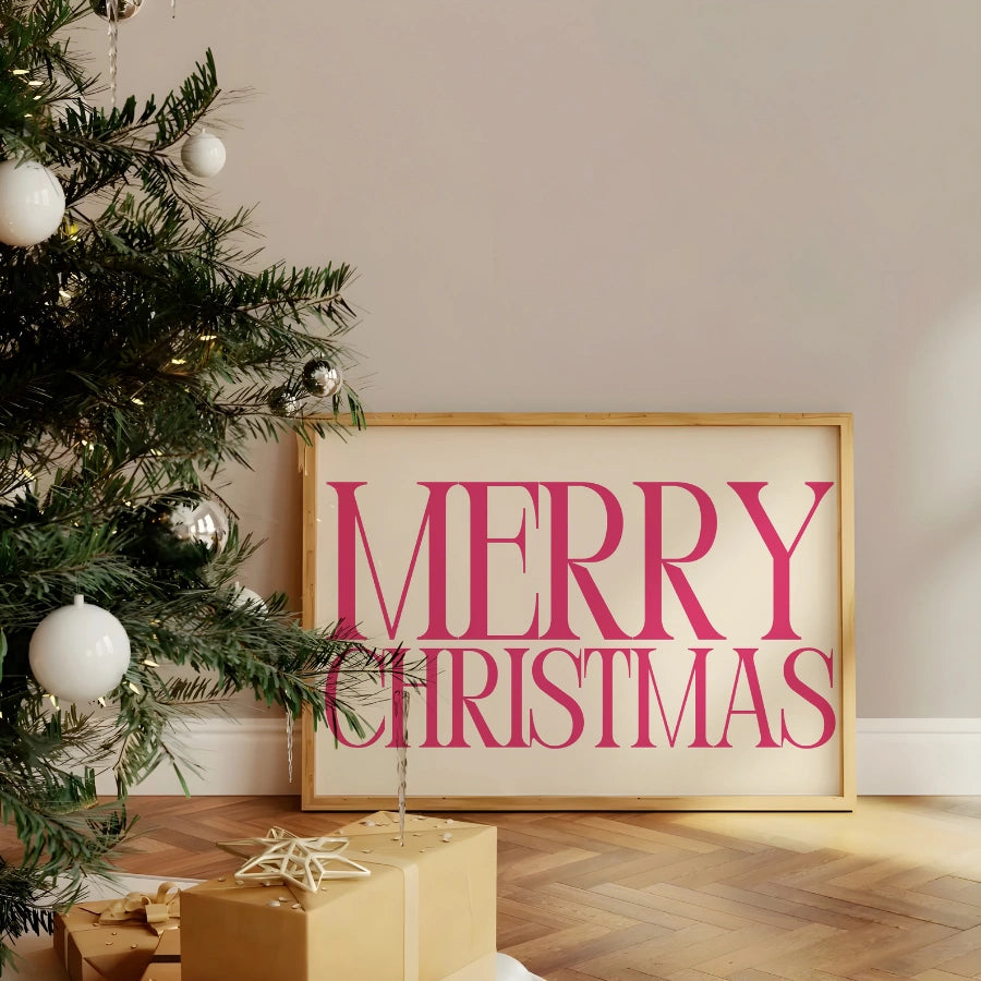 Pink Merry Christmas Wall Art - Elegant Holiday Typography Print