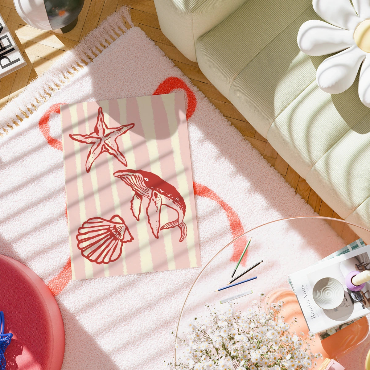 Ocean Creatures Wall Art Print - Coastal Whale Shell Starfish Print