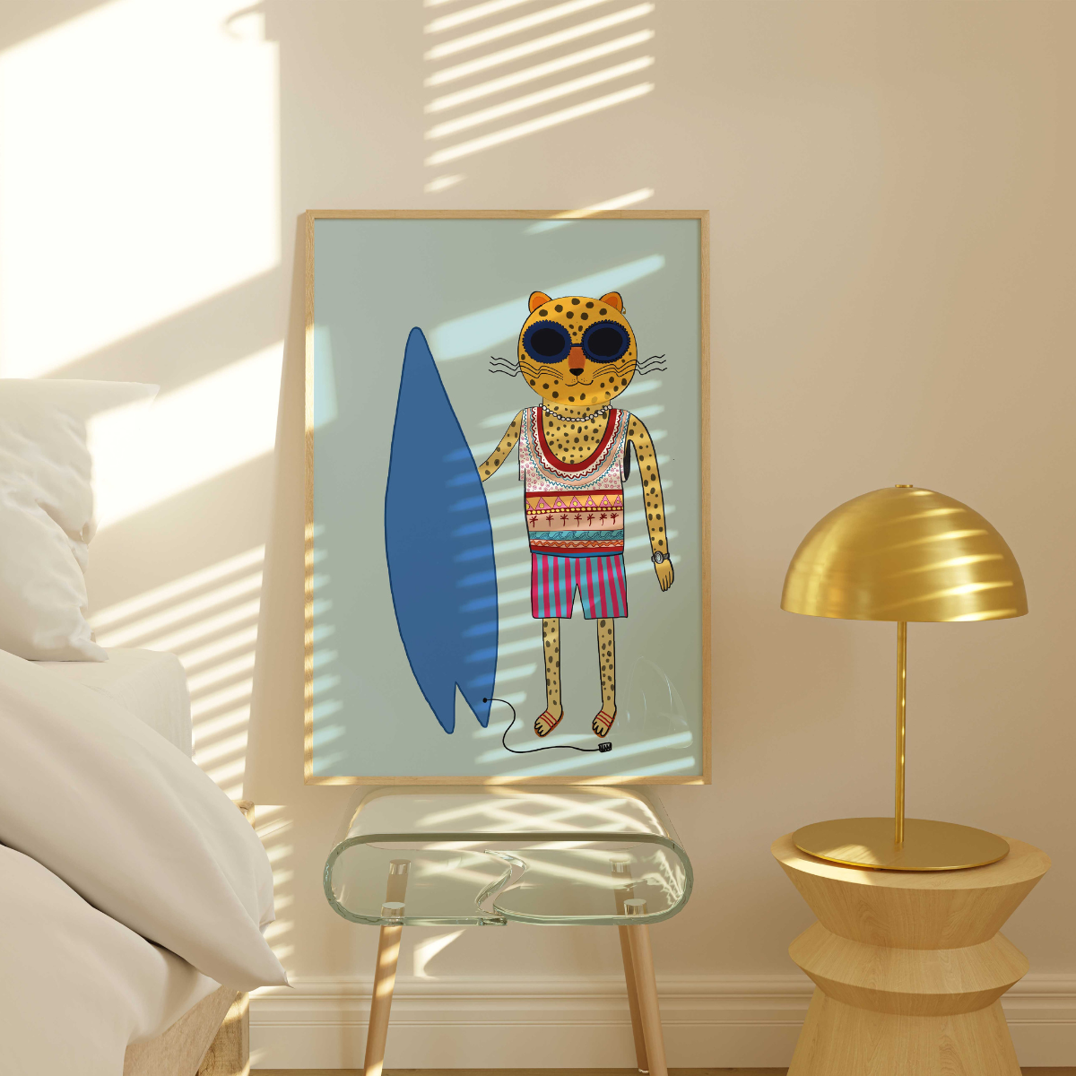 Surfer-Gepard-Wandbild – Ausgefallener maximalistischer Tierdruck