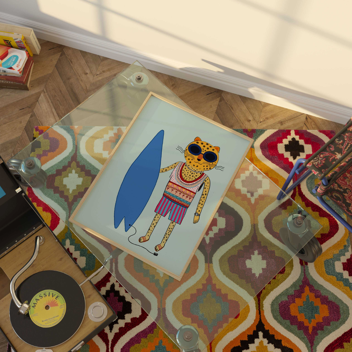 Surfer-Gepard-Wandbild – Ausgefallener maximalistischer Tierdruck