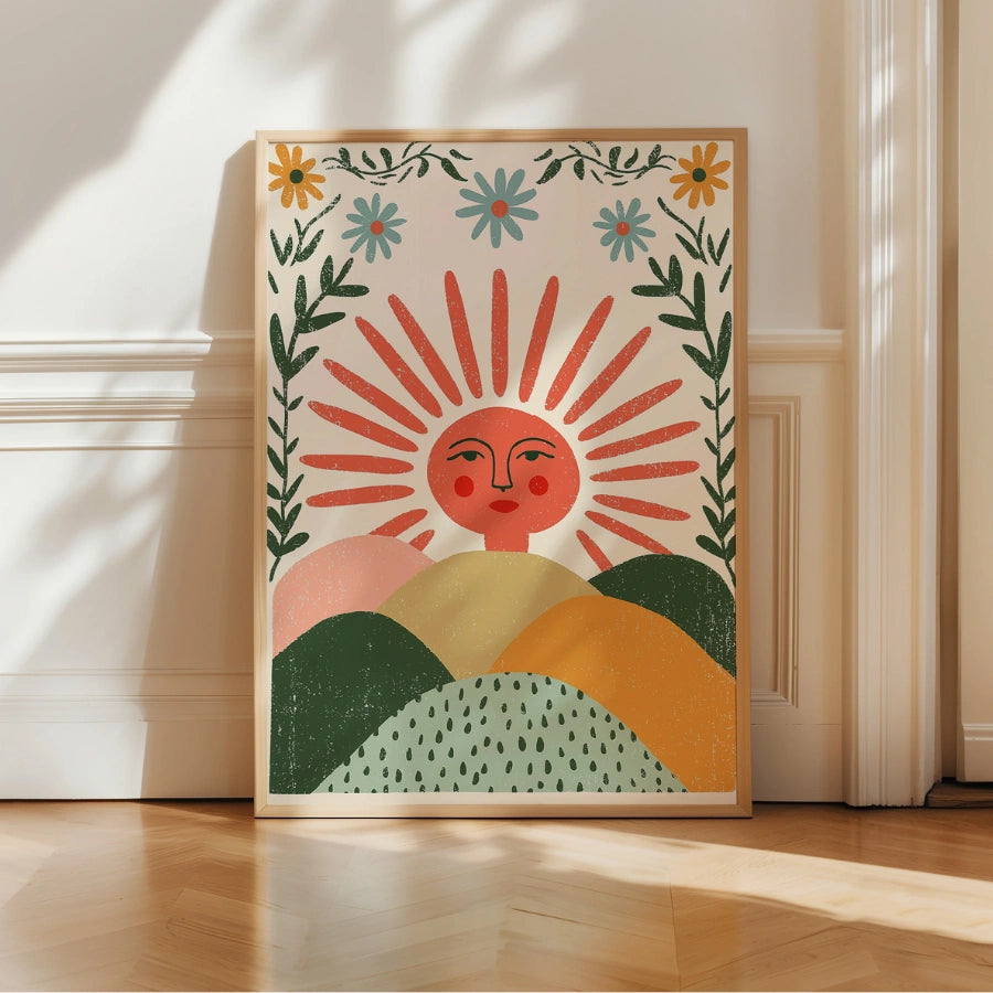 Stampa murale con volto all'alba - Stampa con sole stravagante 