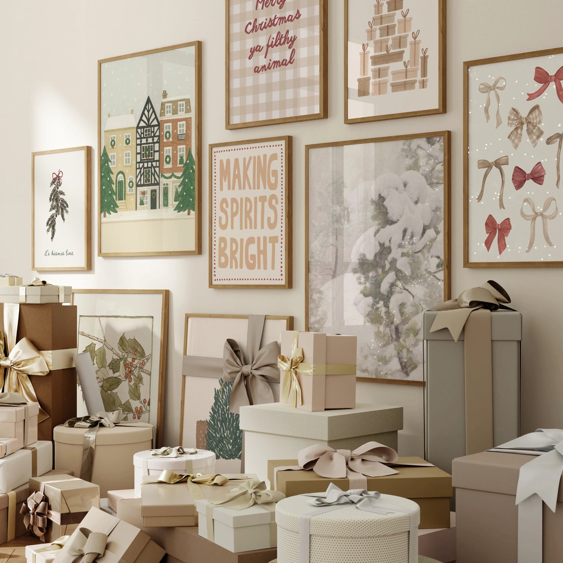 Hand-Drawn Neutral Holiday Set of 16 Prints