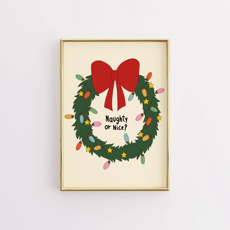 Naughty or Nice Christmas Print – Funny Holiday Wreath Wall Art
