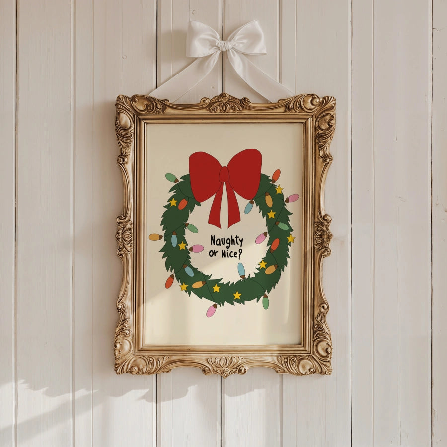 Naughty or Nice Christmas Print – Funny Holiday Wreath Wall Art