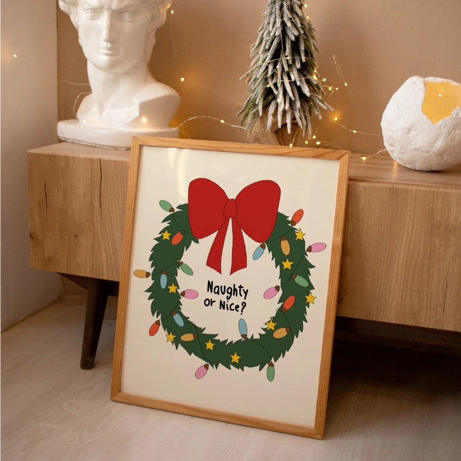 Naughty or Nice Christmas Print – Funny Holiday Wreath Wall Art