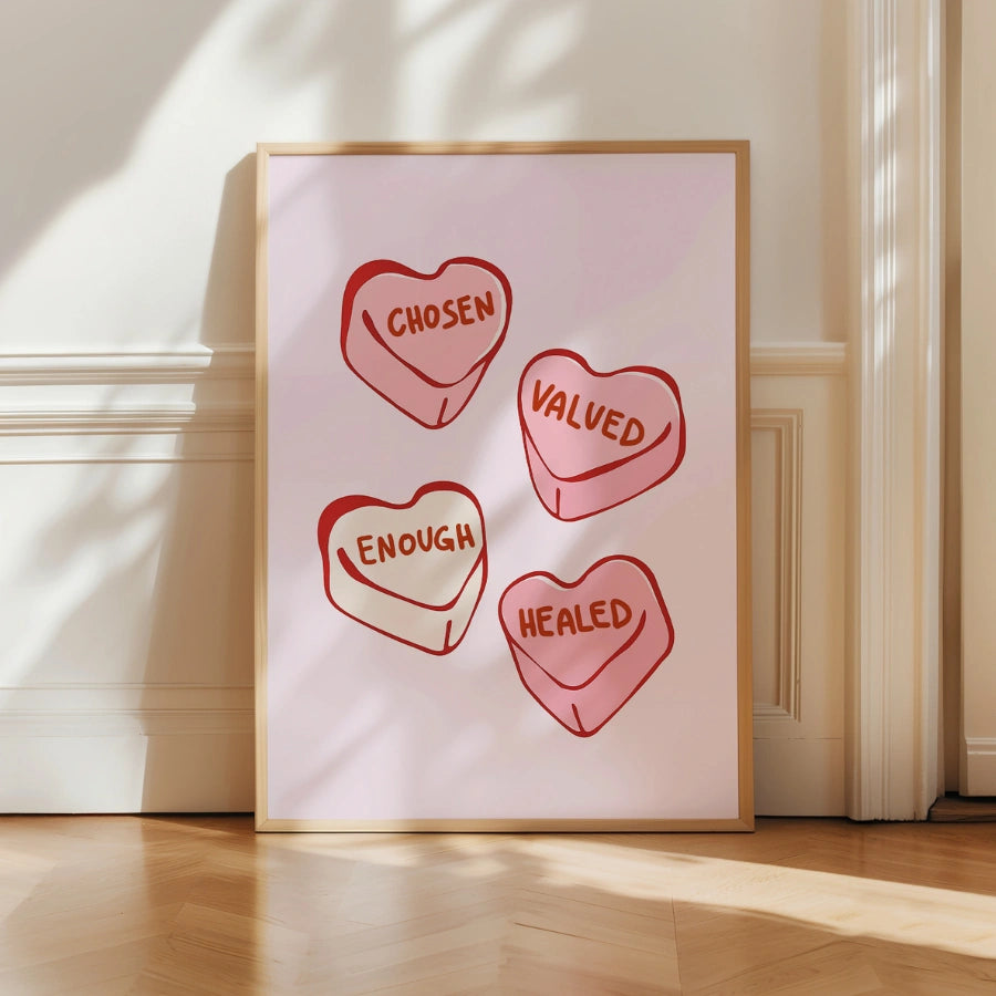 Stampabile "Scelto, apprezzato, guarito" - Decorazioni con cuori di caramelle della fede