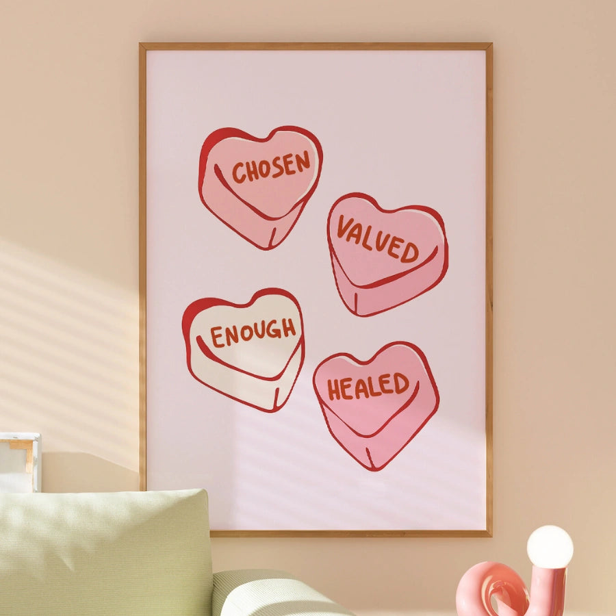 Stampabile "Scelto, apprezzato, guarito" - Decorazioni con cuori di caramelle della fede