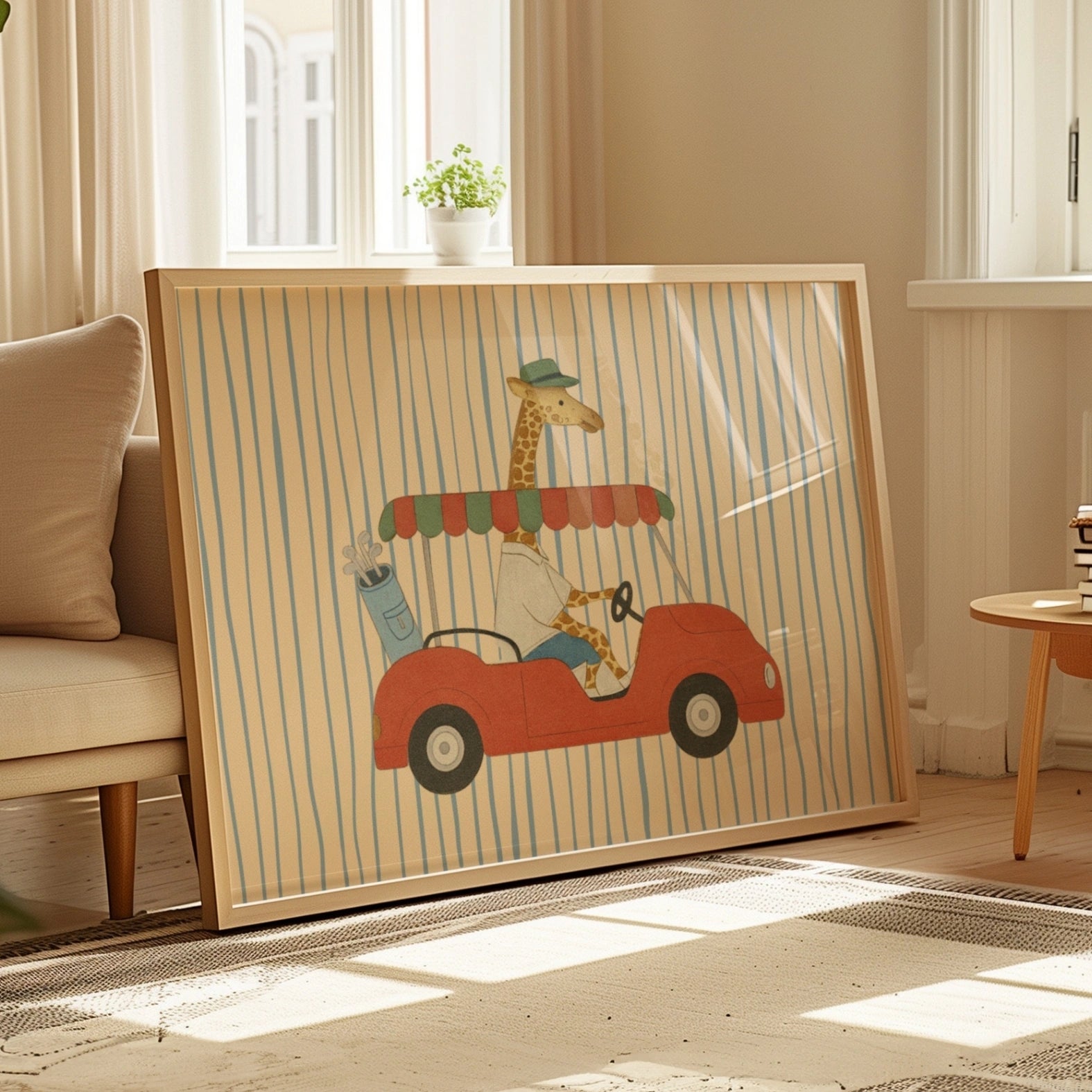 Giraffe Driving Nursery Print