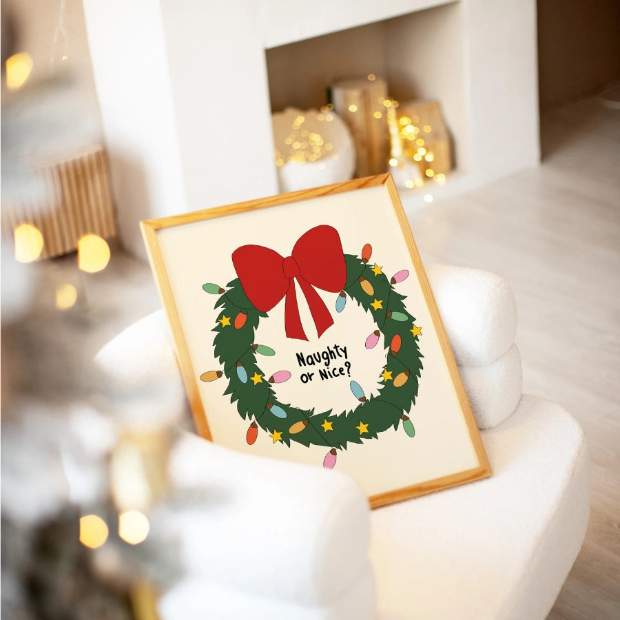 Naughty or Nice Christmas Print – Funny Holiday Wreath Wall Art