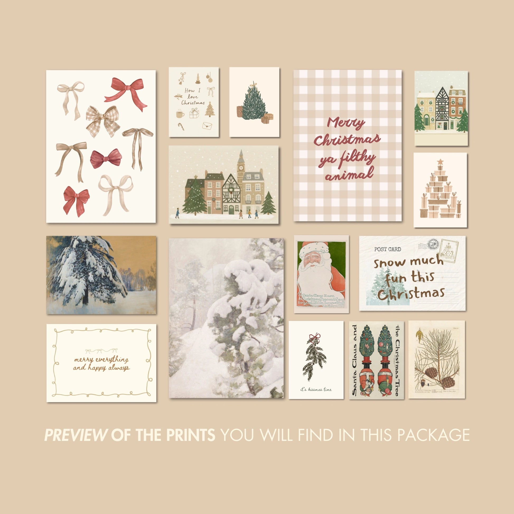Hand-Drawn Neutral Holiday Set of 16 Prints