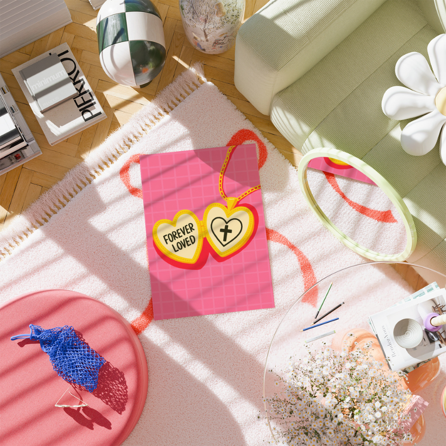 Forever Loved Christian Wall Art – Pink Heart Cross Necklace Print