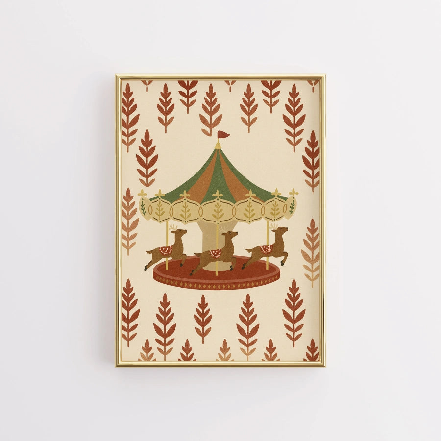 Christmas Carousel Wall Art – Festive Reindeer Ride Illustration