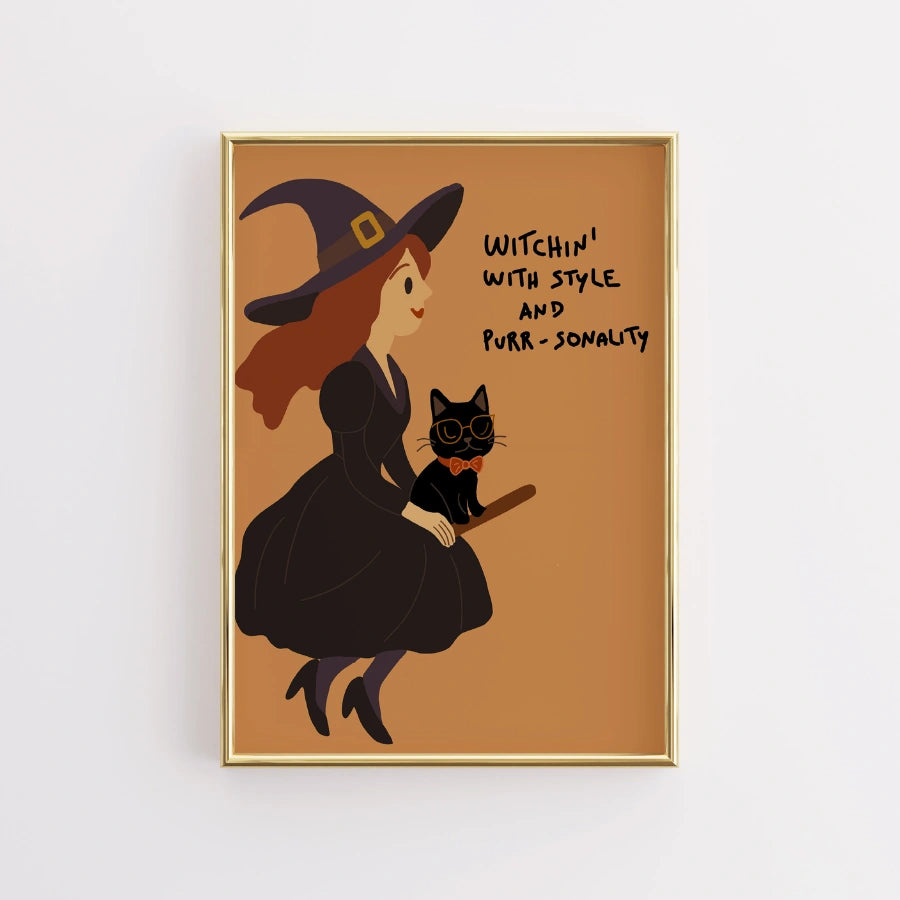 Witch and Cat Wall Art – Cute Halloween Print