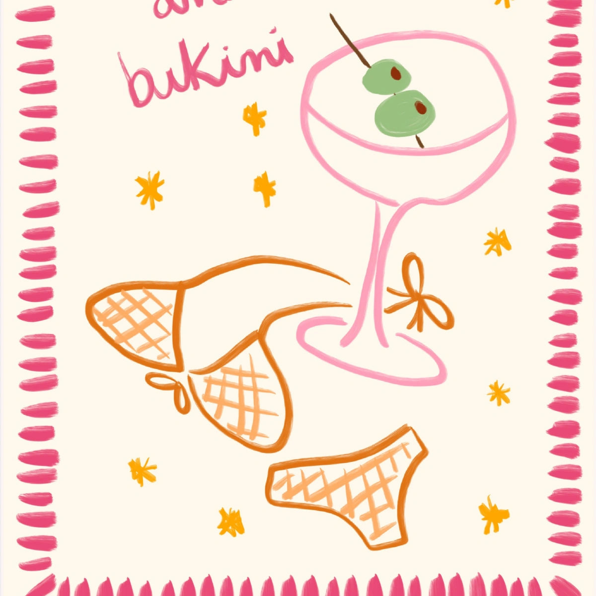 Martinis and Bikini Wall Art Print - Fun Summer Cocktail Print