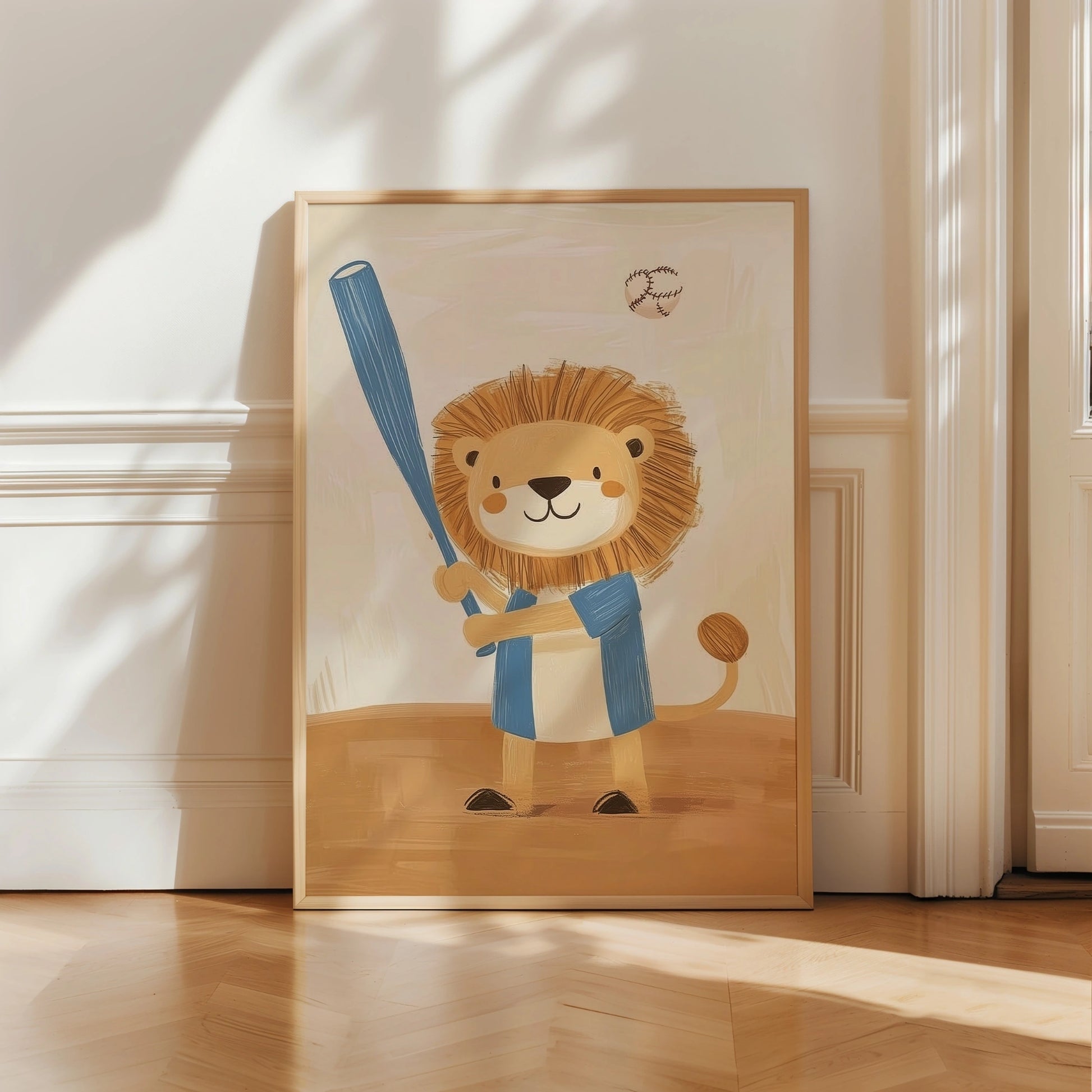 Baseball Lion Wall Art – Sports Animal Print for Boys Room