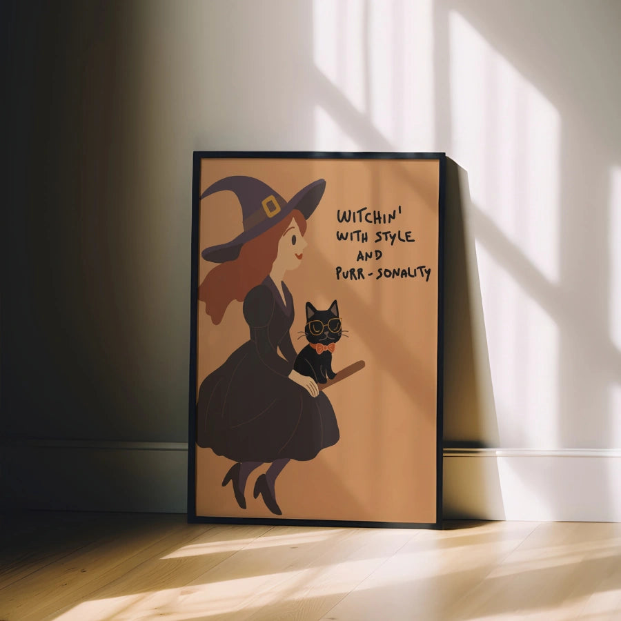 Witch and Cat Wall Art – Cute Halloween Print
